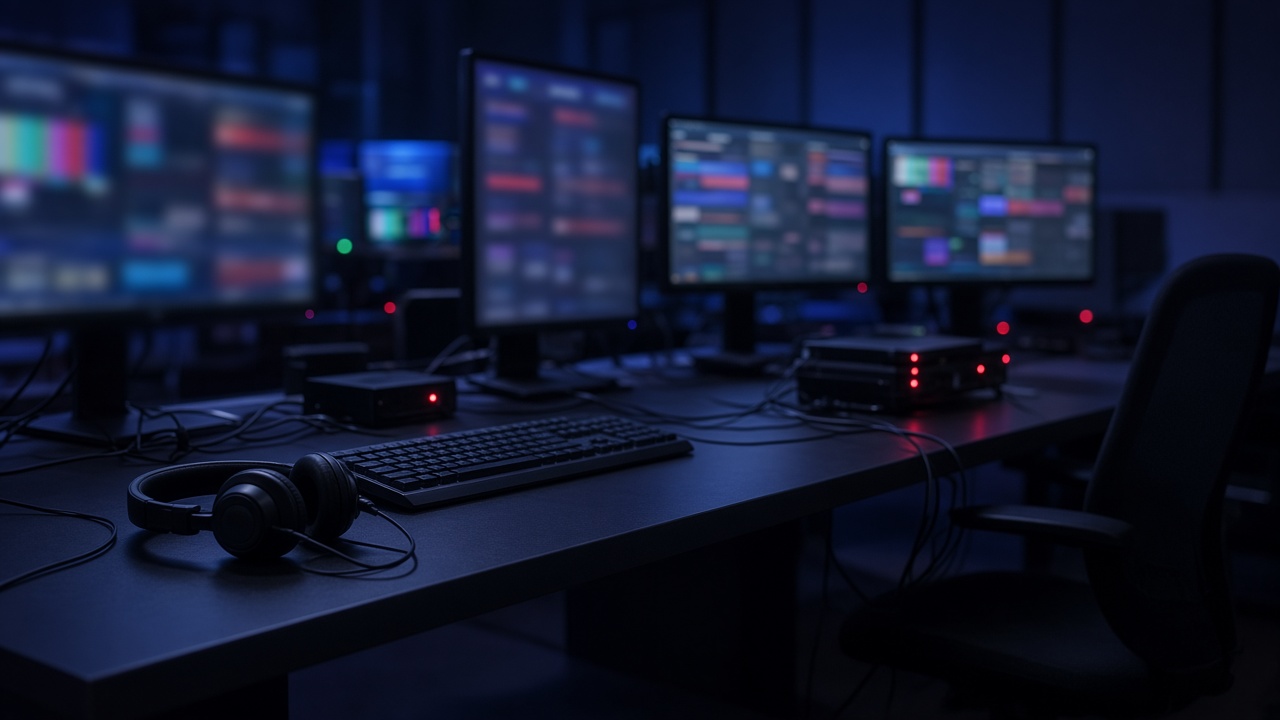 Photo of an empty IT service desk at night with several monitors, a keyboard, a headset and small red status lights