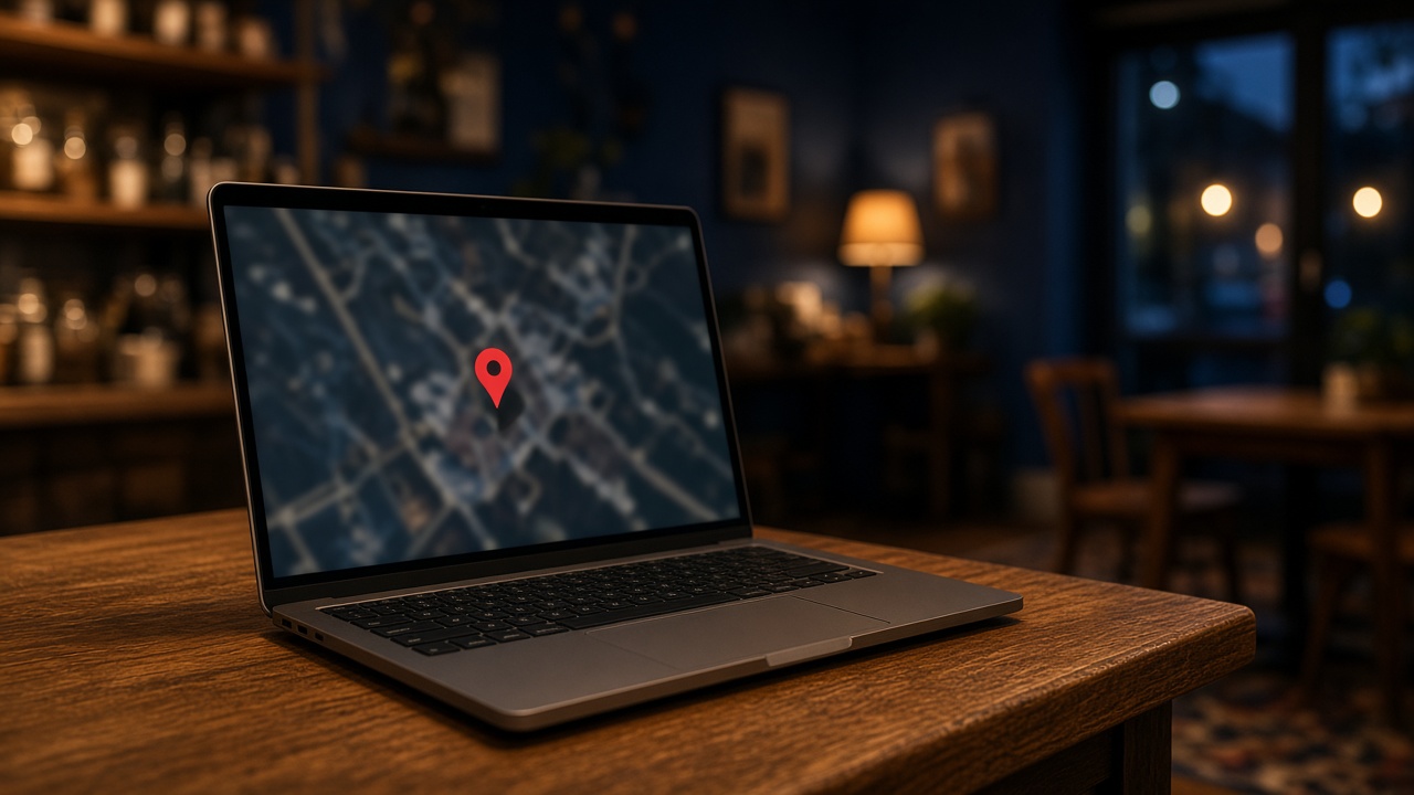 Photo of a laptop on a wooden counter in a small shop, its screen showing a map with a red location pin