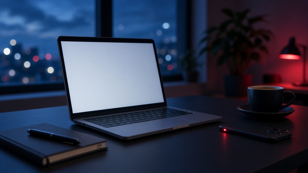 Photo of an office desk at dusk with an open laptop, a phone showing a small red notification light, a notebook and a coffee cup