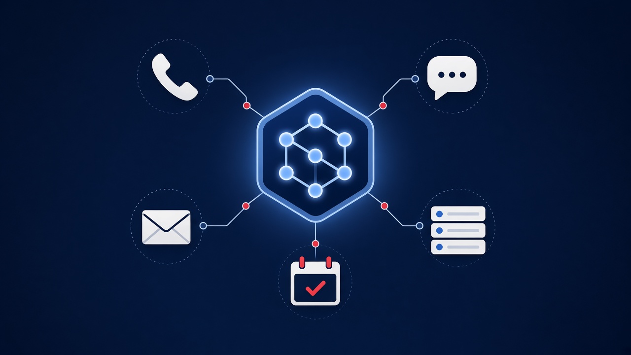 Illustration of an AI assistant hub connected to phone, chat, email, calendar and CRM icons