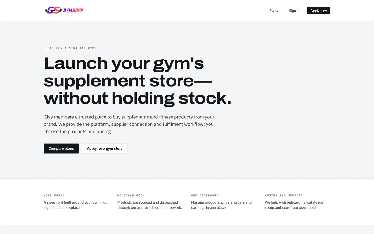 Gym Supp home page on a desktop screen
