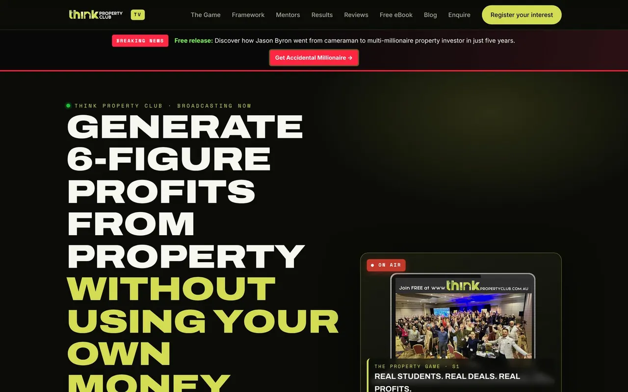 Think Property Club home page on a desktop screen